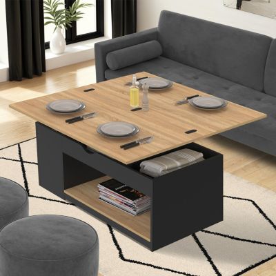 Table basse plateau relevable rectangulaire convertible en table à manger ELEA 100 cm bois noir et façon hêtre