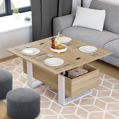 Table basse plateau relevable rectangulaire convertible en table à manger PHOENIX 97,5 cm bois et blanc
