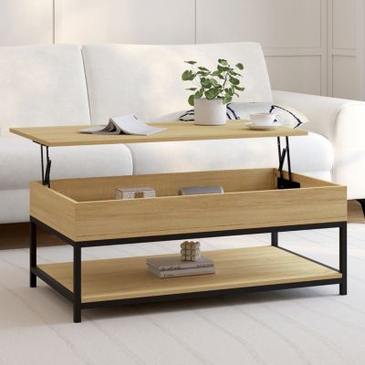 Table basse plateau relevable rectangulaire DETROIT 100 cm et étagère inférieure design industriel