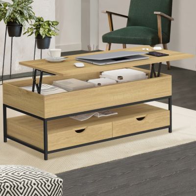 Table basse plateau relevable rectangulaire DETROIT avec 2 tiroirs design industriel