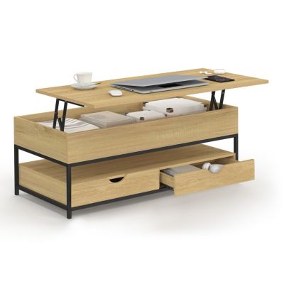 Table basse plateau relevable rectangulaire DETROIT avec 2 tiroirs design industriel