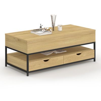 Table basse plateau relevable rectangulaire DETROIT avec 2 tiroirs design industriel