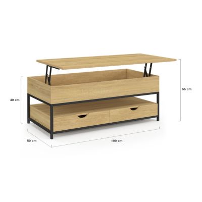 Table basse plateau relevable rectangulaire DETROIT avec 2 tiroirs design industriel