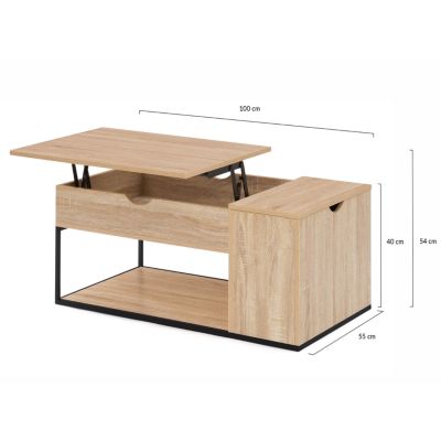 Table basse industrielle plateau relevable bois et métal avec coffre