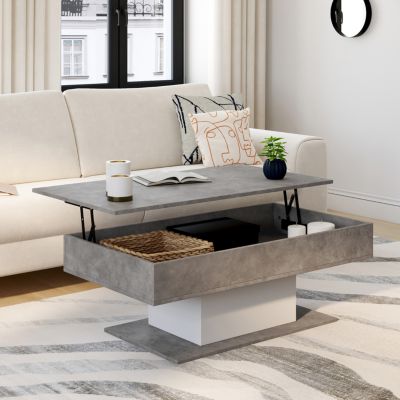 Table basse plateau relevable rectangulaire EDEN effet béton et blanc