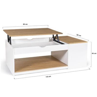 Table basse plateau relevable rectangulaire ELEA avec coffre bois blanc et façon hêtre