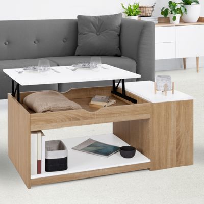 Table basse plateau relevable rectangulaire ELEA avec coffre bois façon hêtre et blanc