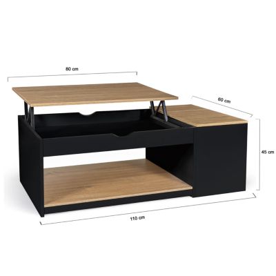 Table basse plateau relevable rectangulaire ELEA avec coffre bois noir et façon hêtre
