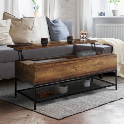 Table basse plateau relevable rectangulaire HAMILTON bois foncé et étagère inférieure design industriel