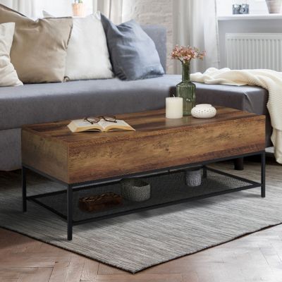 Table basse plateau relevable rectangulaire HAMILTON bois foncé et étagère inférieure design industriel