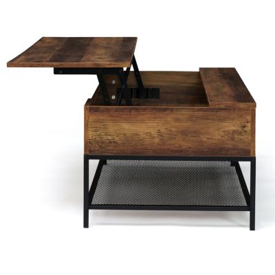 Table basse plateau relevable rectangulaire HAMILTON bois foncé et étagère inférieure design industriel