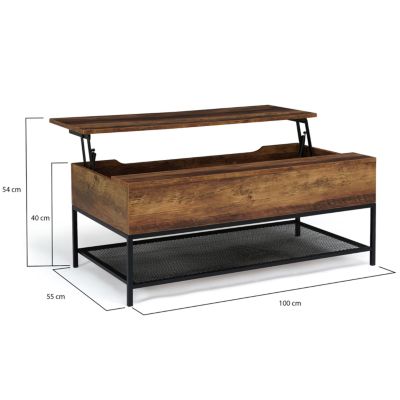 Table basse plateau relevable rectangulaire HAMILTON bois foncé et étagère inférieure design industriel