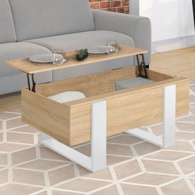 Table basse plateau relevable rectangulaire PHOENIX bois et blanc