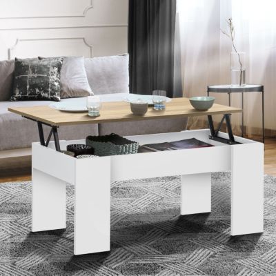 Table basse plateau relevable rectangulaire TARA bois blanc et imitation hêtre