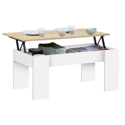 Table basse plateau relevable rectangulaire TARA bois blanc et imitation hêtre