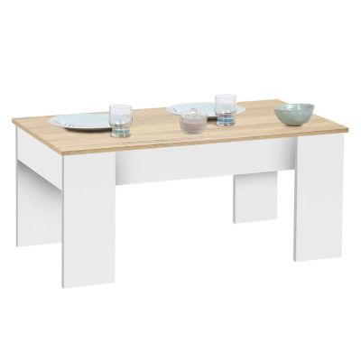Table basse plateau relevable rectangulaire TARA bois blanc et imitation hêtre