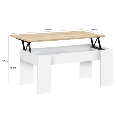 Table basse plateau relevable rectangulaire TARA bois blanc et imitation hêtre
