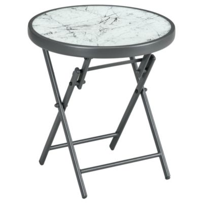 Table basse pliable d'appoint dia. 45 cm acier gris plateau verre trempé effet marbre blanc