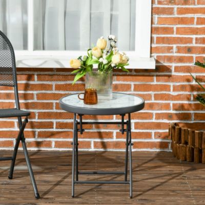 Table basse pliable d'appoint dia. 45 cm acier gris plateau verre trempé effet marbre blanc
