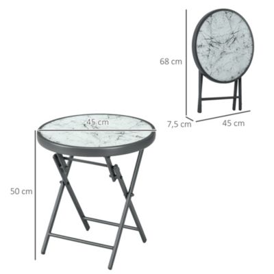 Table basse pliable d'appoint dia. 45 cm acier gris plateau verre trempé effet marbre blanc