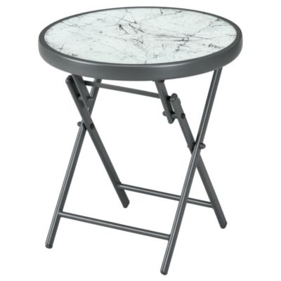 Table basse pliable d'appoint dia. 45 cm acier gris plateau verre trempé effet marbre blanc