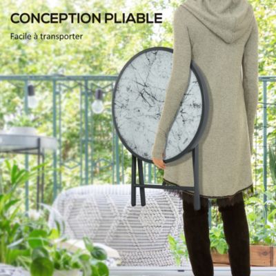Table basse pliable d'appoint dia. 45 cm acier gris plateau verre trempé effet marbre blanc