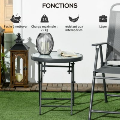 Table basse pliable d'appoint dia. 45 cm acier gris plateau verre trempé effet marbre blanc