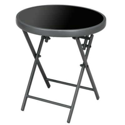 Table basse pliable d'appoint dia. 45 cm acier gris plateau verre trempé noir