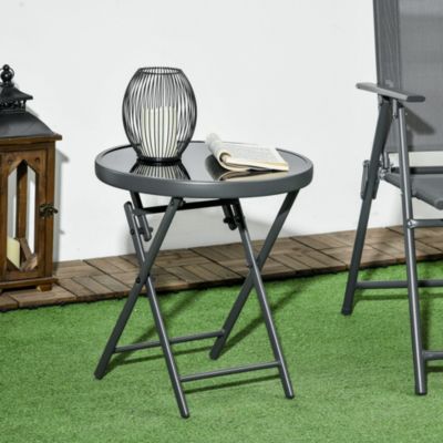 Table basse pliable d'appoint dia. 45 cm acier gris plateau verre trempé noir