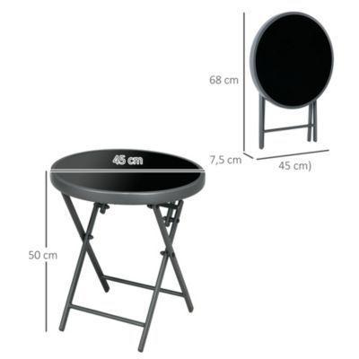 Table basse pliable d'appoint dia. 45 cm acier gris plateau verre trempé noir