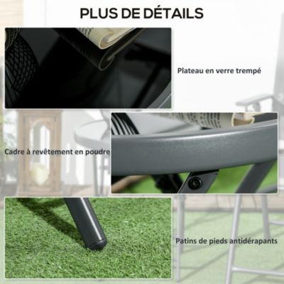 Table basse pliable d'appoint dia. 45 cm acier gris plateau verre trempé noir