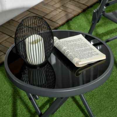 Table basse pliable d'appoint dia. 45 cm acier gris plateau verre trempé noir