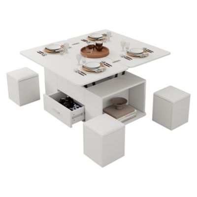 Table basse réglable 4-en-1 (salon/repas) + 4 tabourets, tiroirs, blanc - Transformable