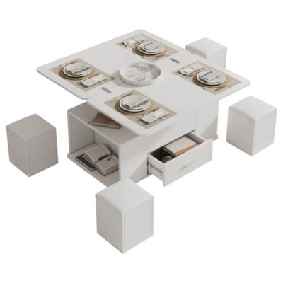 Table basse réglable 4-en-1 (salon/repas) + 4 tabourets, tiroirs, blanc - Transformable