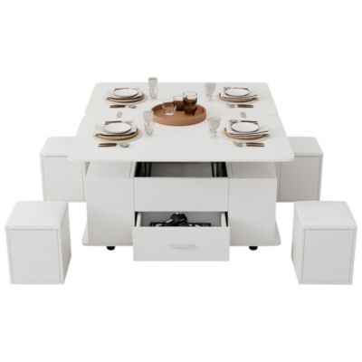 Table basse réglable 4-en-1 (salon/repas) + 4 tabourets, tiroirs, blanc - Transformable