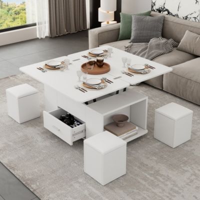 Table basse réglable 4-en-1 (salon/repas) + 4 tabourets, tiroirs, blanc - Transformable