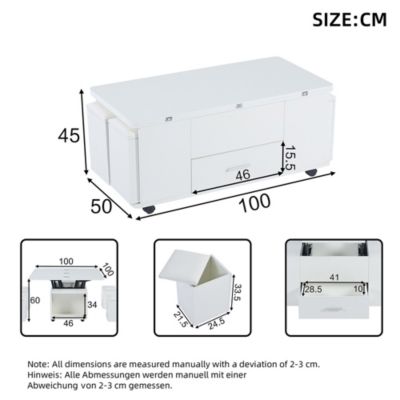 Table basse réglable 4-en-1 (salon/repas) + 4 tabourets, tiroirs, blanc - Transformable