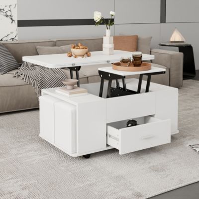 Table basse réglable 4-en-1 (salon/repas) + 4 tabourets, tiroirs, blanc - Transformable