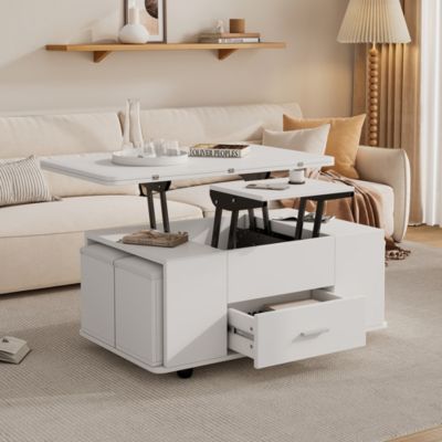 Table basse réglable 4-en-1 (salon/repas) + 4 tabourets, tiroirs, blanc - Transformable