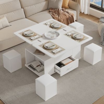 Table basse réglable 4-en-1 (salon/repas) + 4 tabourets, tiroirs, blanc - Transformable