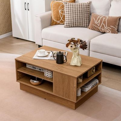Table Basse Rectangulaire 86x56x41CM avec Etagères de Rangement Ouvertes,Base Encastrée-Charge du Plateau 60KG-Naturel