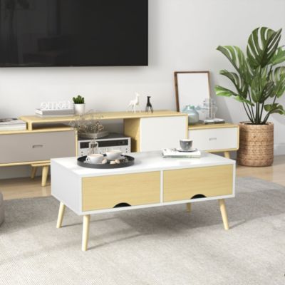 Table basse rectangulaire design scandinave 2 tiroirs coulissants grande niche piètement bois pin blanc aspect bois clair