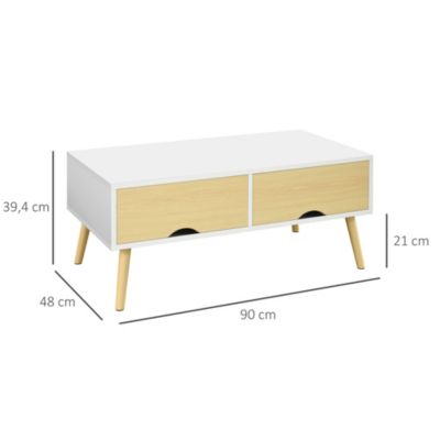 Table basse rectangulaire design scandinave 2 tiroirs coulissants grande niche piètement bois pin blanc aspect bois clair