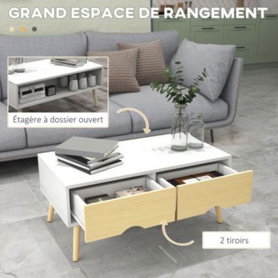 Table basse rectangulaire design scandinave 2 tiroirs coulissants grande niche piètement bois pin blanc aspect bois clair