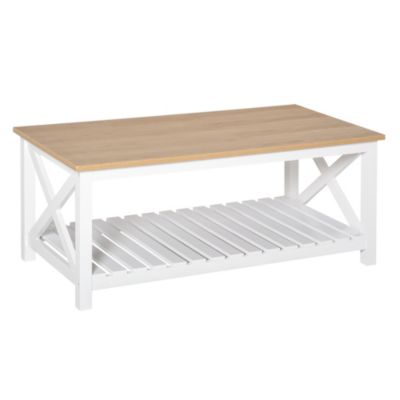 Table basse rectangulaire dim. 116L x 60l x 48H cm étagère à lattes plateau imitation chêne clair MDF blanc