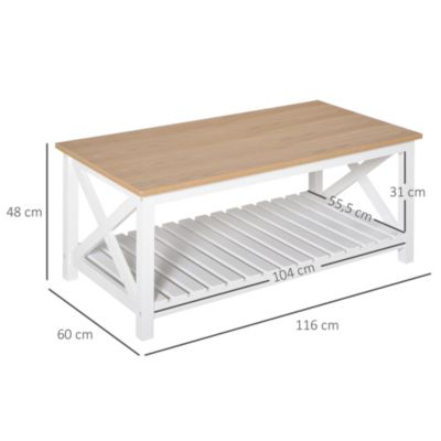 Table basse rectangulaire dim. 116L x 60l x 48H cm étagère à lattes plateau imitation chêne clair MDF blanc