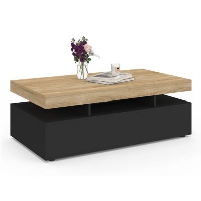 Table basse rectangulaire ELSA 100 cm 2 tiroirs en bois noir et plateau façon hêtre