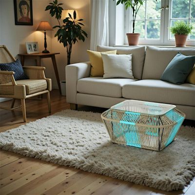 Table basse rectangulaire en métal et verre, turquoise et naturel 88x60x40cm