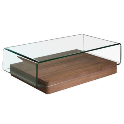Table basse rectangulaire en verre trempe et noyer 2004 - 120x70x33 cm