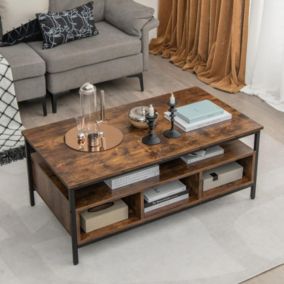 Table Basse Rectangulaire Industriel à 3 Niveaux, Etagère Ouverte et 6 Compartiments,, Charge 135 KG, 110 x 60 x 45 CM, Rustique